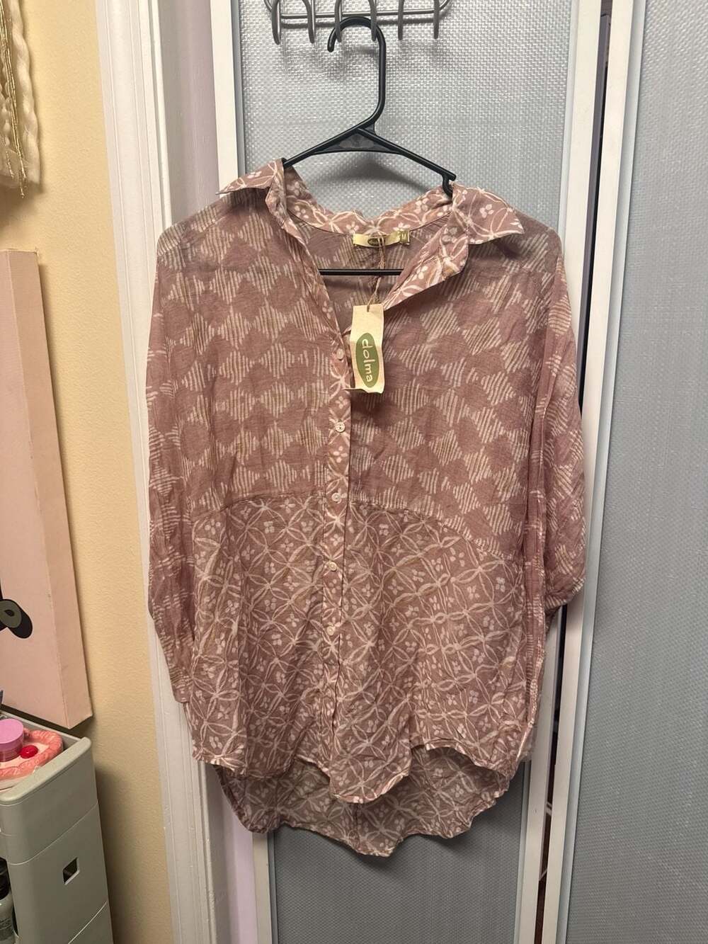 Dolma 100% Cotton Button Down Shirt, Pink Geometric & Floral, Size M